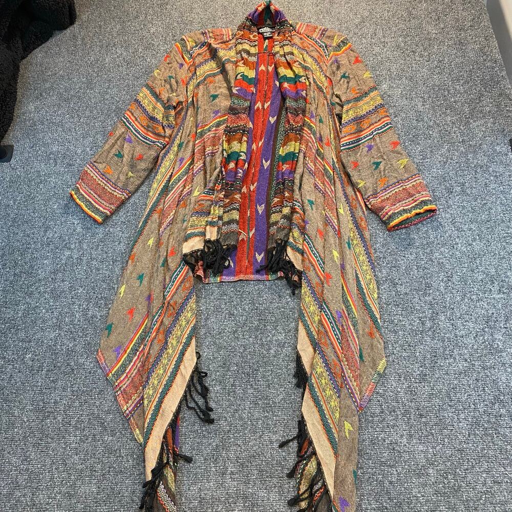 Angie Boho Aztec Tribal Print Fringe Cardigan Multicolored Bohemian Jacket Large